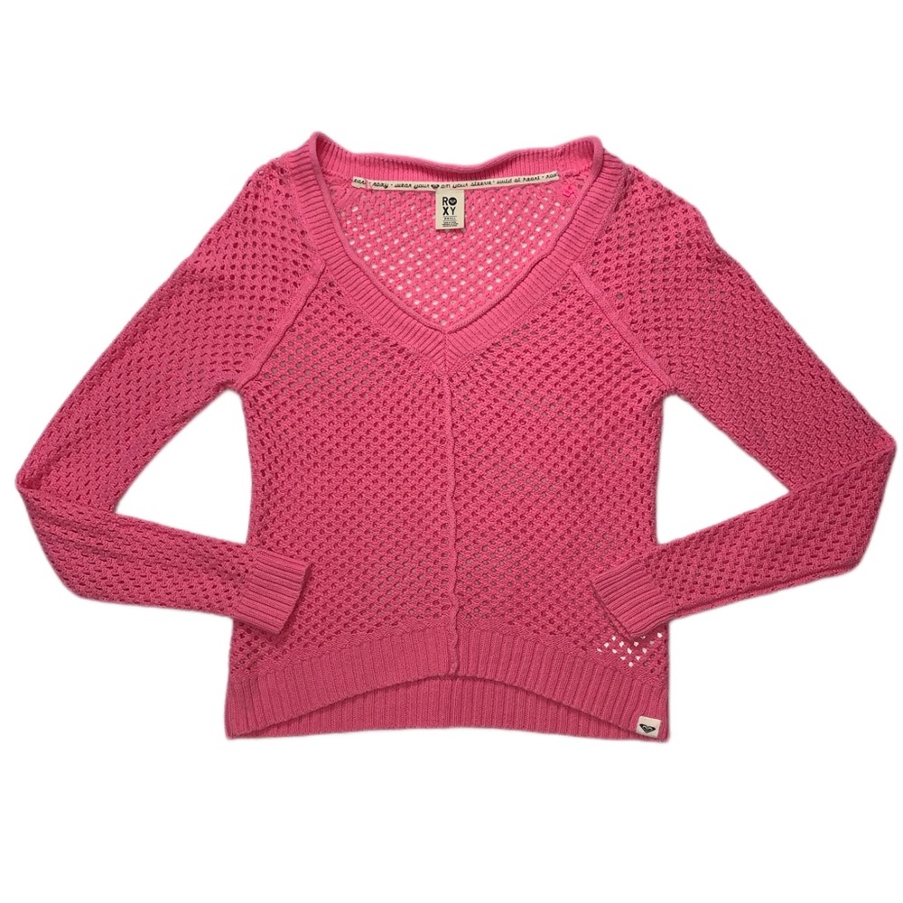 Roxy Bright Pink Waffle Mesh Knit V-Neck Sweater